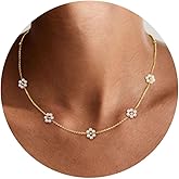 Daisy Pearl Necklace, Dainty Pearls Choker Necklaces for Women's Pearl Strand Necklaces as Flower Gifts, 18K Gold Plated Stainless Steel Summer Merch for Her Daisy Jewelry Gift