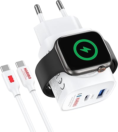 HARIBO Ladegerät für Apple Watch, 3-in-1 20W USB C iPhone Ladegerät PD 3,0 Schnellladegerät für Apple Watch 10/9/8/7/Ultra/SE, USB C Netzteil für iPhone 17/16/15 Pro Max, Reisen Kompakt Geschenk, Blau