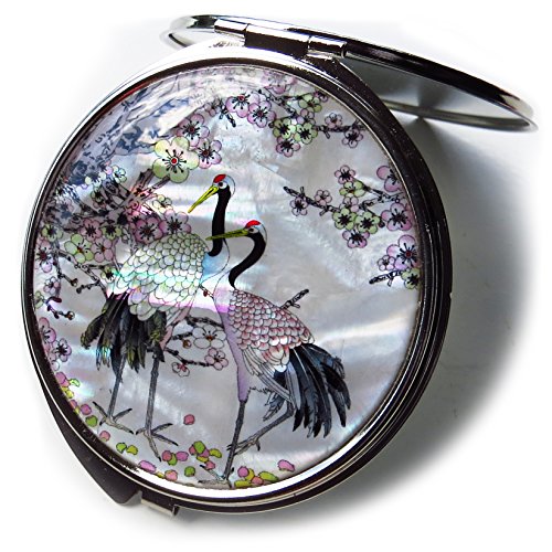 White-Mother-of-Pearl-Compact-Mirror-Metal-Round-Double-Sided-Folding-Magnify-Crane-Apricot-Tree-Design