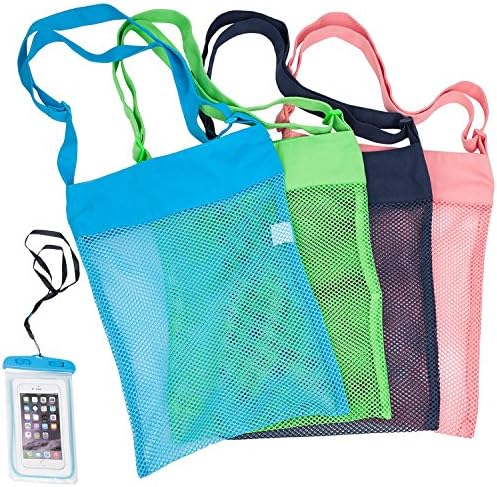 Colorful Mesh Beach Bags, 4 Pack Large Seashell Beach Tote Bags with Adjustable Carrying Straps, 11.4 x 13.7 inches, with a Waterproof Case