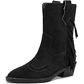 Rogerdream Cowboy Women's Fringe Western Boots Pointed Toe Mid Calf Boots Block Heel 1.5 IN Low Chunky Heels Boots Fashion Dressy Shoes