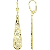 14k Yellow Gold Textured Filigree Teardrop Dangle Drop Earrings with Leverback