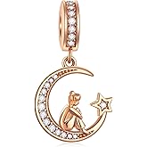 Rose Gold Lady on Crescent Moon Pendant Charms, fits Pandora Valentines Bracelet, 925 Sterling Silver Sparkling Moon Star CZ Necklace Beads, Gifts for Daughter/Sister