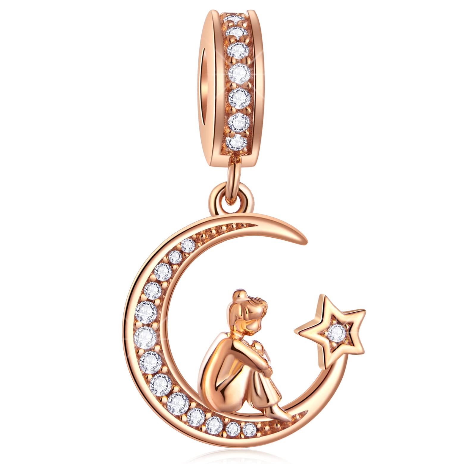 Rose Gold Girl Sitting on Crescent Pendant Charms, fits Pandora Necklace Bracelet, 925 Sterling Silver Sparkling Moon Star CZ Beads, Gifts for Girlfriend/Daughter/Sister
