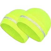 Sucrain 2 PCS Reflective Knit Hat Adult Safety Beanies Hats Warm Winter Knit Caps with Reflective Stripes for Outdoor Work