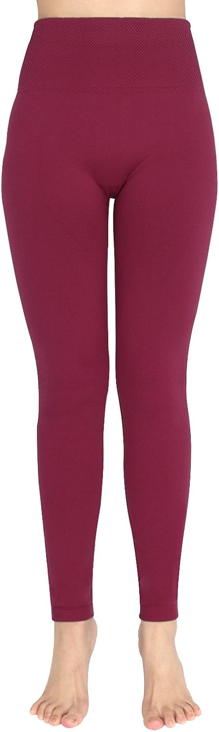 Ypser Warm Fleece Lined Leggings Women High Waist Slimming Compression Tummy Control Wine Red - Image 3