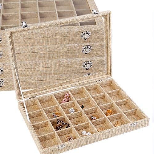 MyshineStyle 24 Grid Linen Removable Jewelry Box Glass Top Clear Earring Accessories Organizer (24 Grid)