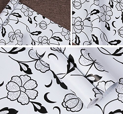 Teemall Black and White Flowers Wallpaper Vine Shelf Liner Self-Adhesive Waterproof Shelf Drawer Liner Cabinet Sticker 17.7 inch by 9.8 Feet