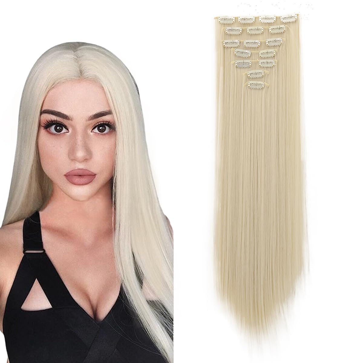 prinfantasy Blonde Hair Extensions Clip in Long Full Head High Temperature Synthetic Straight Thick Hairpieces for Women, MW162 — image 1