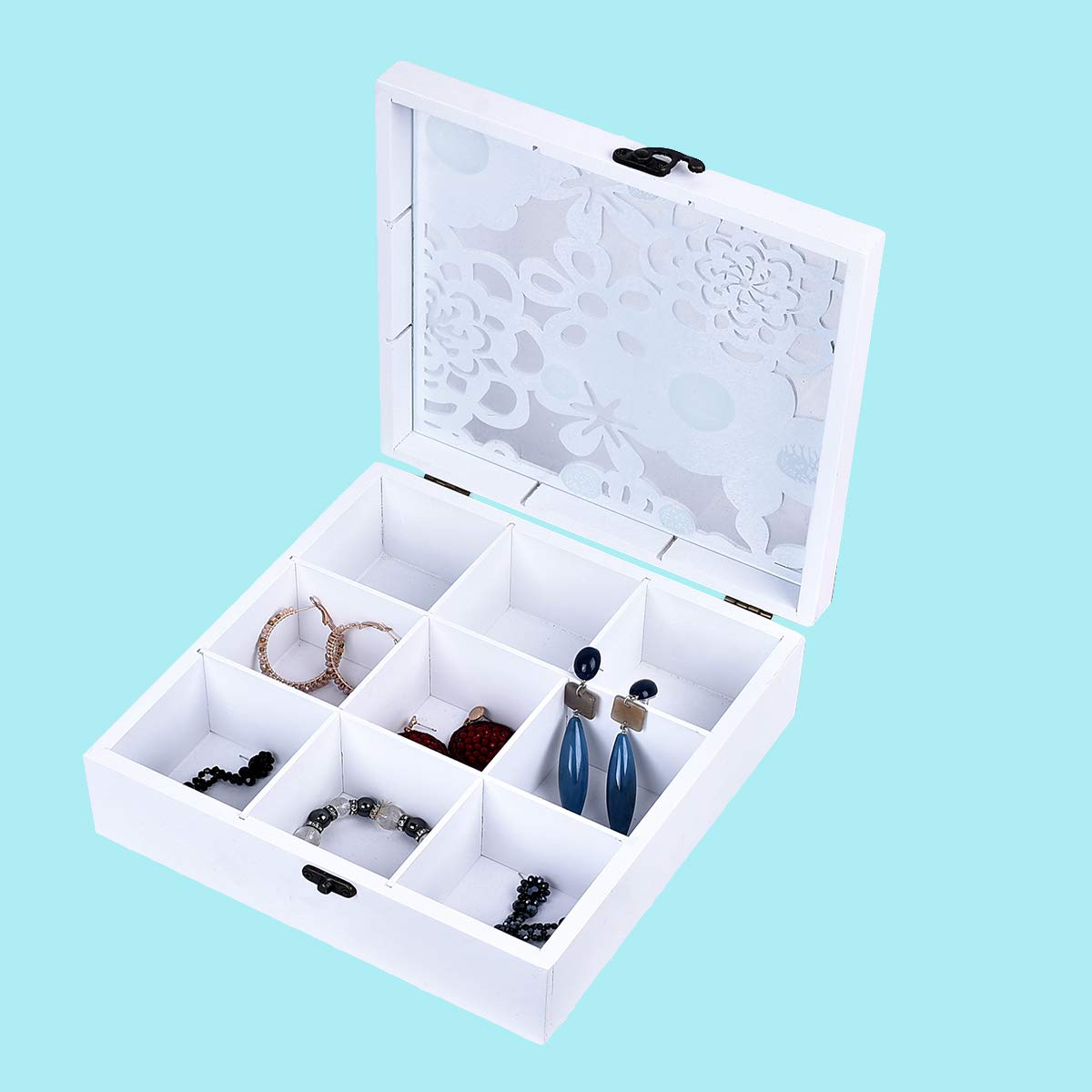 MICKYU Girls Jewelry Box, Wooden Jewelry Organizer Glass Top Storage Case with 9 Compartments for Necklaces, Watches, Bracelets, Earrings, 9.5 x 9.5 x 3.5 inches (Style E)