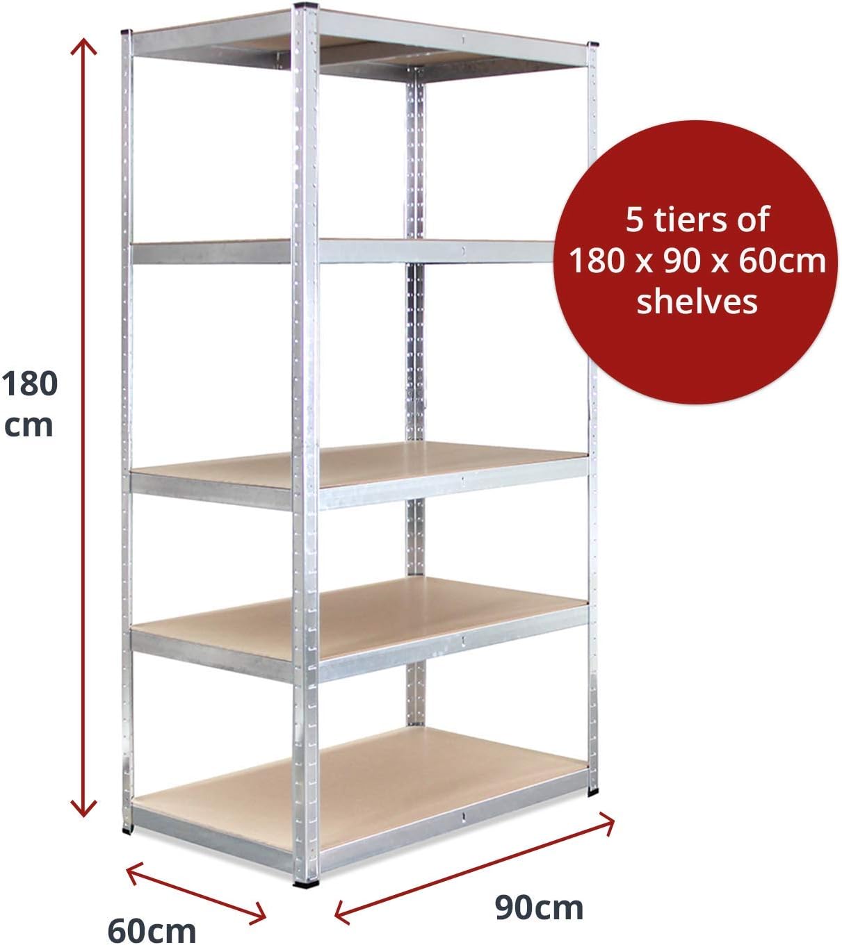 180cm x 90cm x 60cm, Galvanised 5 Tier (175KG Per Shelf), 875KG Capacity Extra Deep Garage Shed