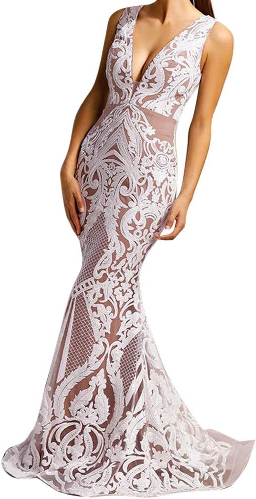Womens Sleeveless V-Neck Split Long Maxi Elegant Slim Style Evening Party Dress (White, L)