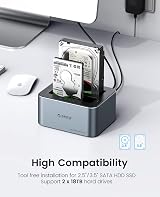 ORICO Dual Bay HDD Docking Station USB C 3.2 Gen 2 SATA Clone 36TB SSD HDD Gray view 2