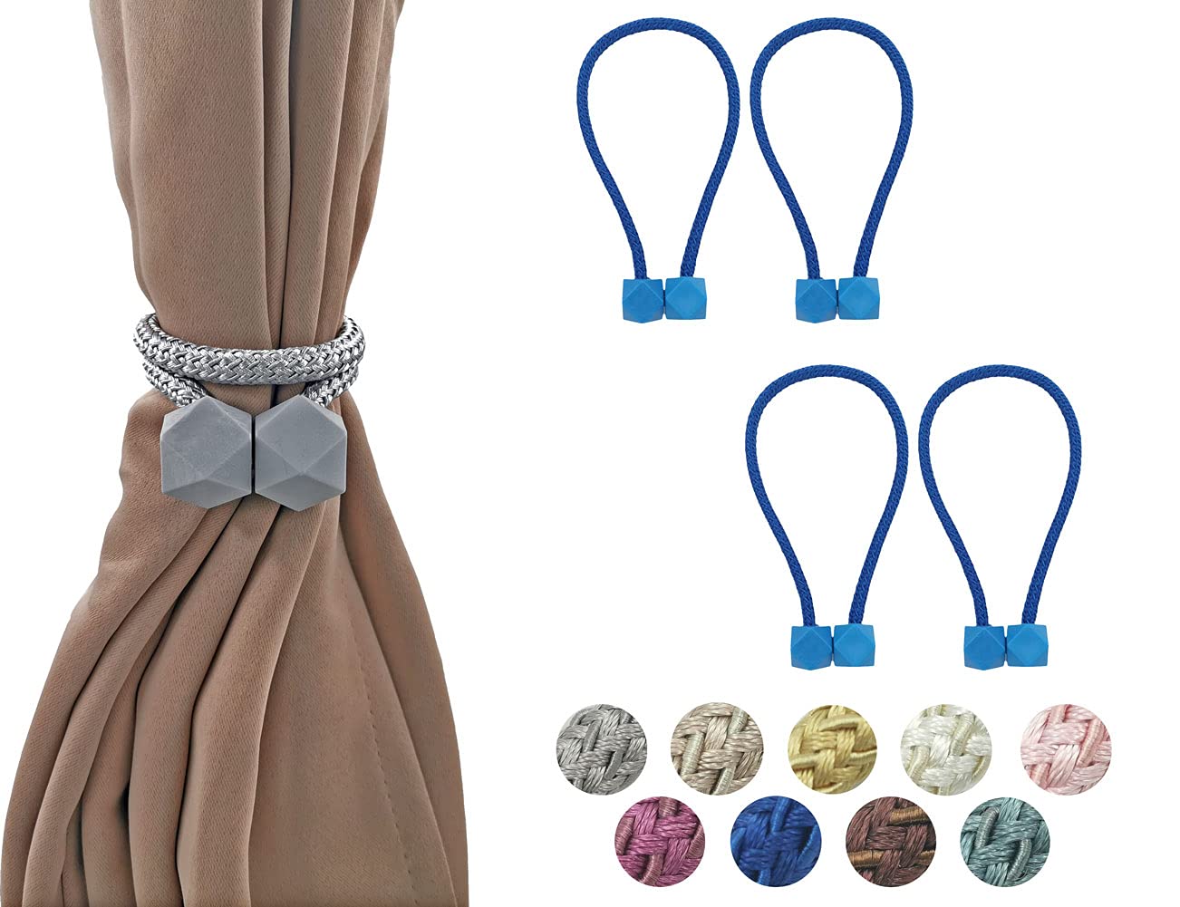 HYX 4 Piece Magnetic Curtain Tiebacks Holdbacks, Modern Curtain Tieback Clips, Curtain Rope Holder Tie Backs, Decorative Hold Backs for Home Office Decoration (Royal Blue)