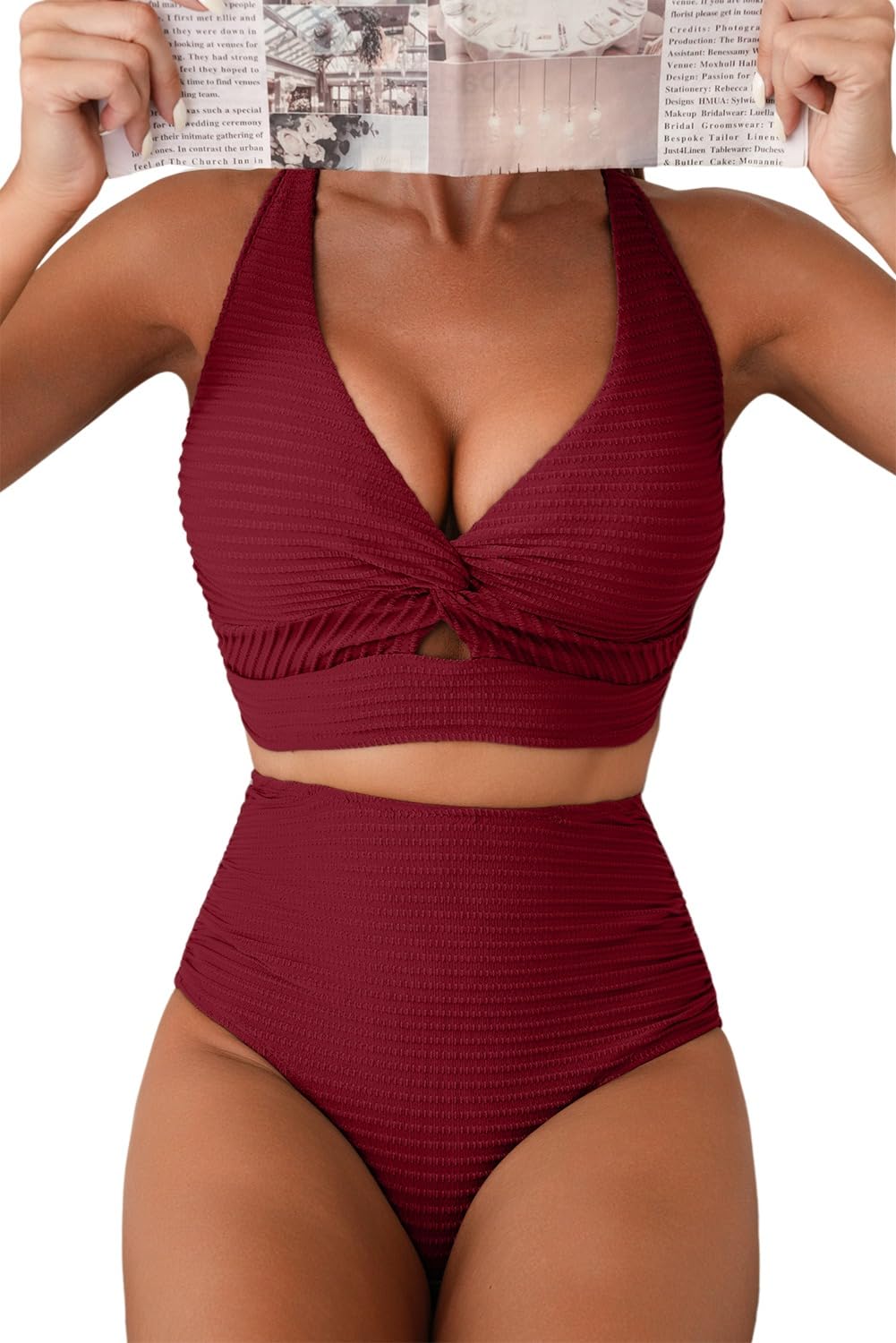 Photo 1 of Herseas Women's Two Piece Bikini Sets Twist Front Crisscross Back V Neck Top Swimsuits 2026 Textured Burgundy Slimming Bathing Suits Flattering Beach Vacation Outfits X-Large