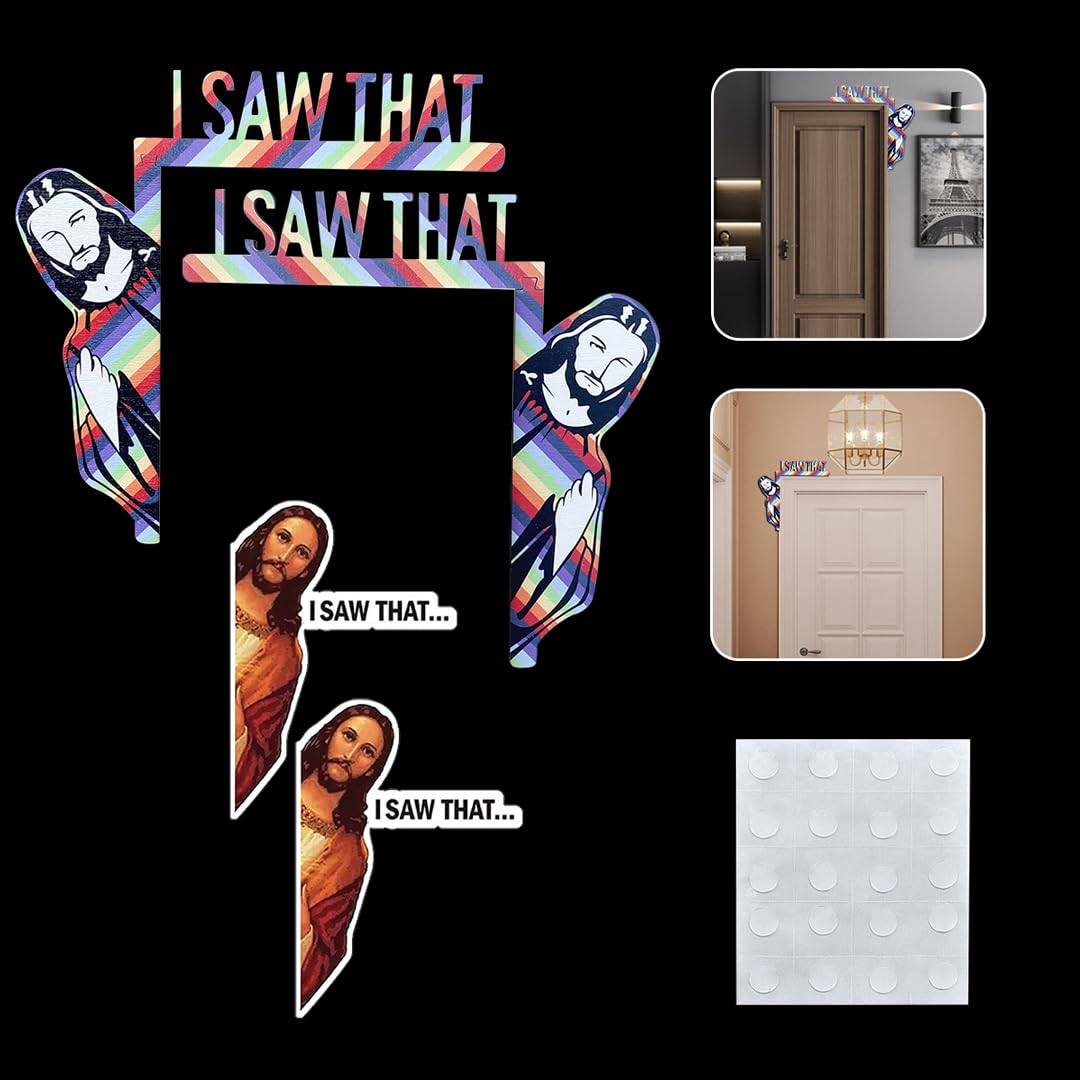 Zayookey 1 Pair Door Frame Jesus Sign I Saw That Door Corner Decor 2 Pieces Funny Sticker for Window Wall Living Room Bedroom Office Door Corner Hanger (Rainbow Colors)
