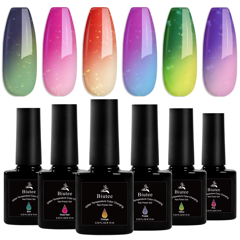 Biutee Glitter Temperature Color Changing Gel Nail Polish Gel Set 6 Colors 0.33 Oz Glitter Gel Polish Soak Off UV LED Nail Polish Set: Beauty