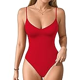MANGOPOP Women's Cami Thong Bodysuit Double Lined Plunge Deep V Neck Backless Body Suit Adjustable Spaghetti Strap Tank Tops