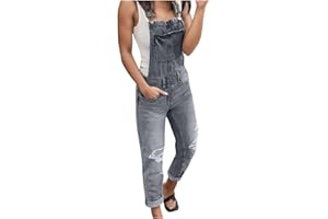 Women's Ripped Denim Bib Overalls Distressed Adjustable Strap Straight Leg Jean Jumpsuit with Pockets