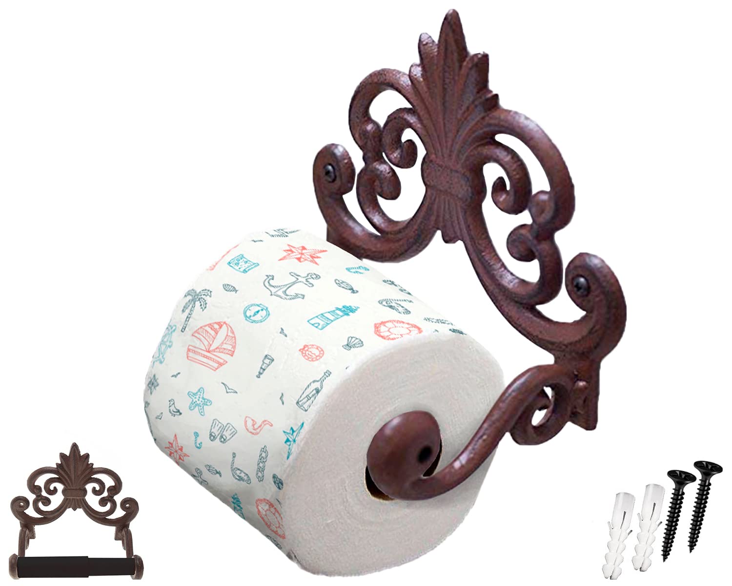 Comfify Fleur De Lis Cast Iron Toilet Paper Roll Holder - Cast Iron Wall Mounted Toilet Tissue Holder - European Victorian Design - 7.9x4.3x6.3" - with Screws and Anchors (Rust Brown)
