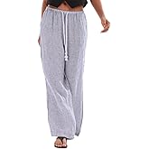 Amazhiyu Women's 100% Linen Striped Drawstring Elastic Waist Wide Leg Pants