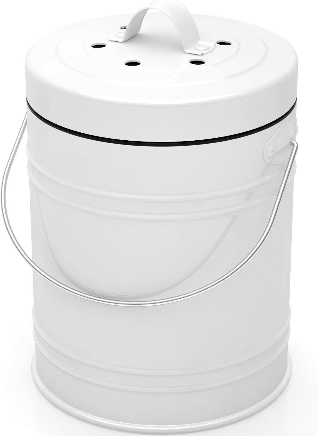 Oversized 1.3 Gallon Kitchen Compost Bin with EZ-No Lock Lid, Plastic Liner & Charcoal Filters in White & Black - Sturdy Construction & Odor-Free Seal w/Dishwasher Safe Bucket: Kitchen & Dining