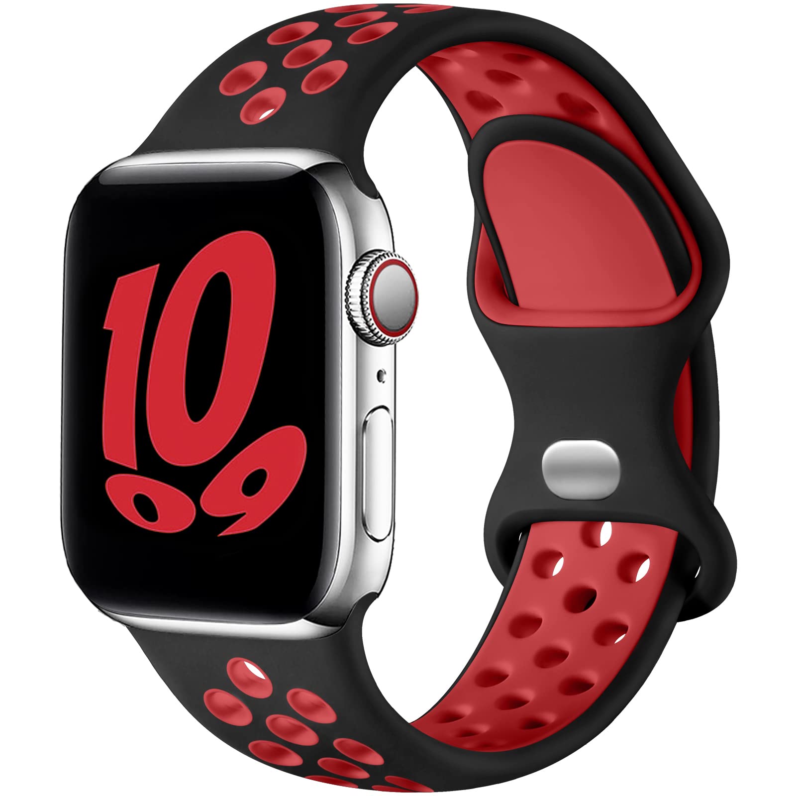Upeak Sport Strap Compatible with Apple Watch Strap 44mm 45mm 46mm 42mm 49mm, Breathable Silicone Double Hole Band for iWatch Strap Series 11 10 9 8 7 6 5 4 2 1, SE 3, Ultra 3, L, Black/Red