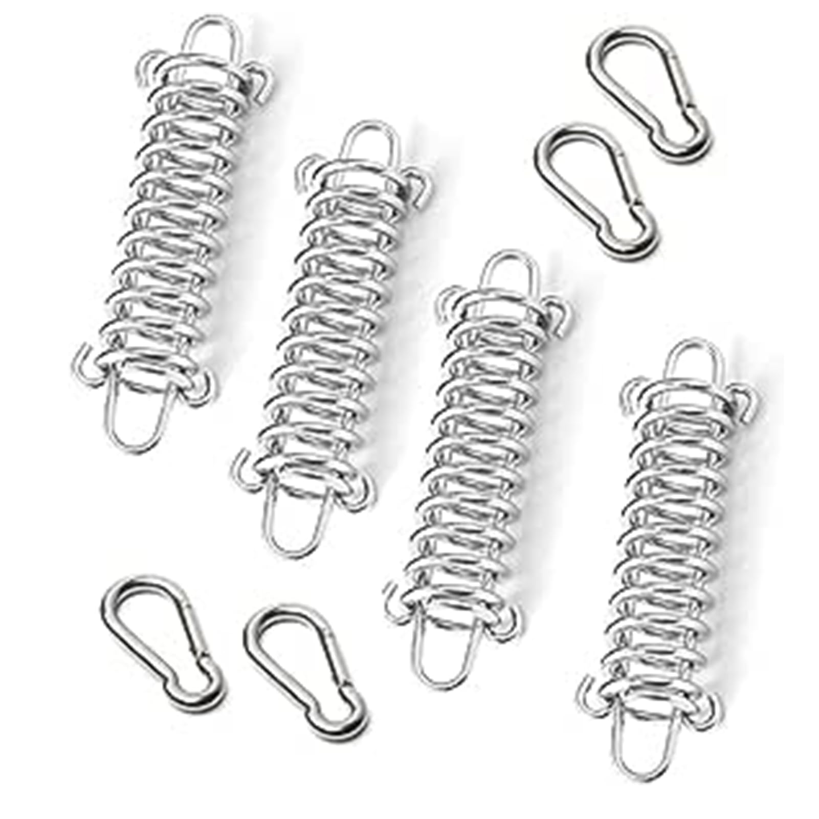 Tent Spring Buckles,RoadLoo 4 Pieces Tension Coil Extension Hook Stainless Steel Spring Hook with 4 x Carabiner Tent Accessories Multipurpose Tension for Outdoor Camping Hiking Travel Beach