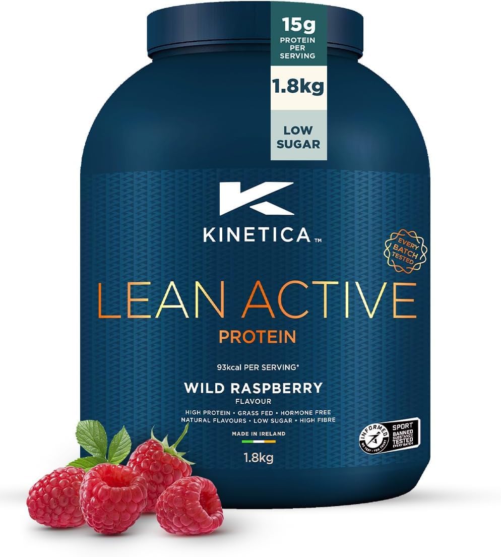 Kinetica Sports Lean Active Protein Powder - Wild Raspberry Flavour | 15g Protein/Serve, 72 Servings/1.8Kg Pack | High in Fibre & Protein with Green Tea Extract | Low in Fat & Sugar | Easy Mixability