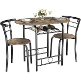 JUMMICO 3-Piece Wooden Round Table &amp; Chair Set (Walnut/Black) | Kitchen Breakfast Nook Wood Grain Tabletop with Metal Frame and Built-in Wine Rack for Kitchen, Dining Room
