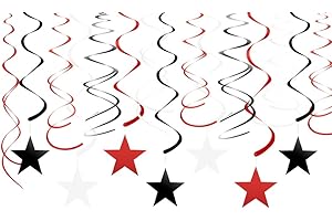 Adeer Red Black White Star Hanging Swirl Decorations Stars Streamers Foil Swirls for Ceiling Decorations Party Supplies, Pack of 30