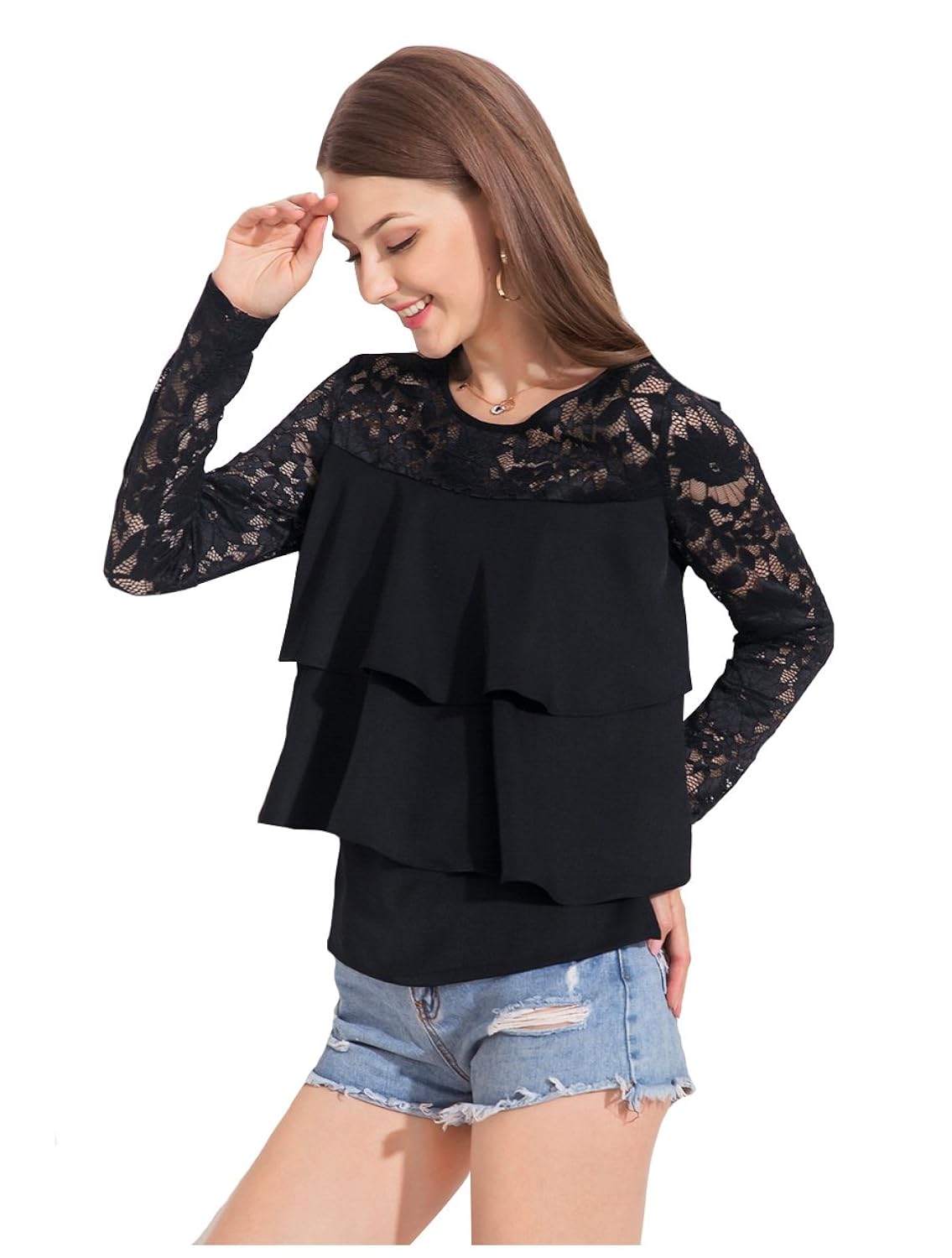 aashish garments black net sleeves 3 layer crepe women top