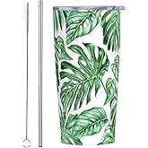 Kaireno Tropical Palm Leaves Tumbler Stainless Steel Insulated Tumblers with Lid and Straw Reusable Hawaiian Plants Coffee Travel Mug Tea Drinking Wine Cups Unique Gifts for Women 20 Oz