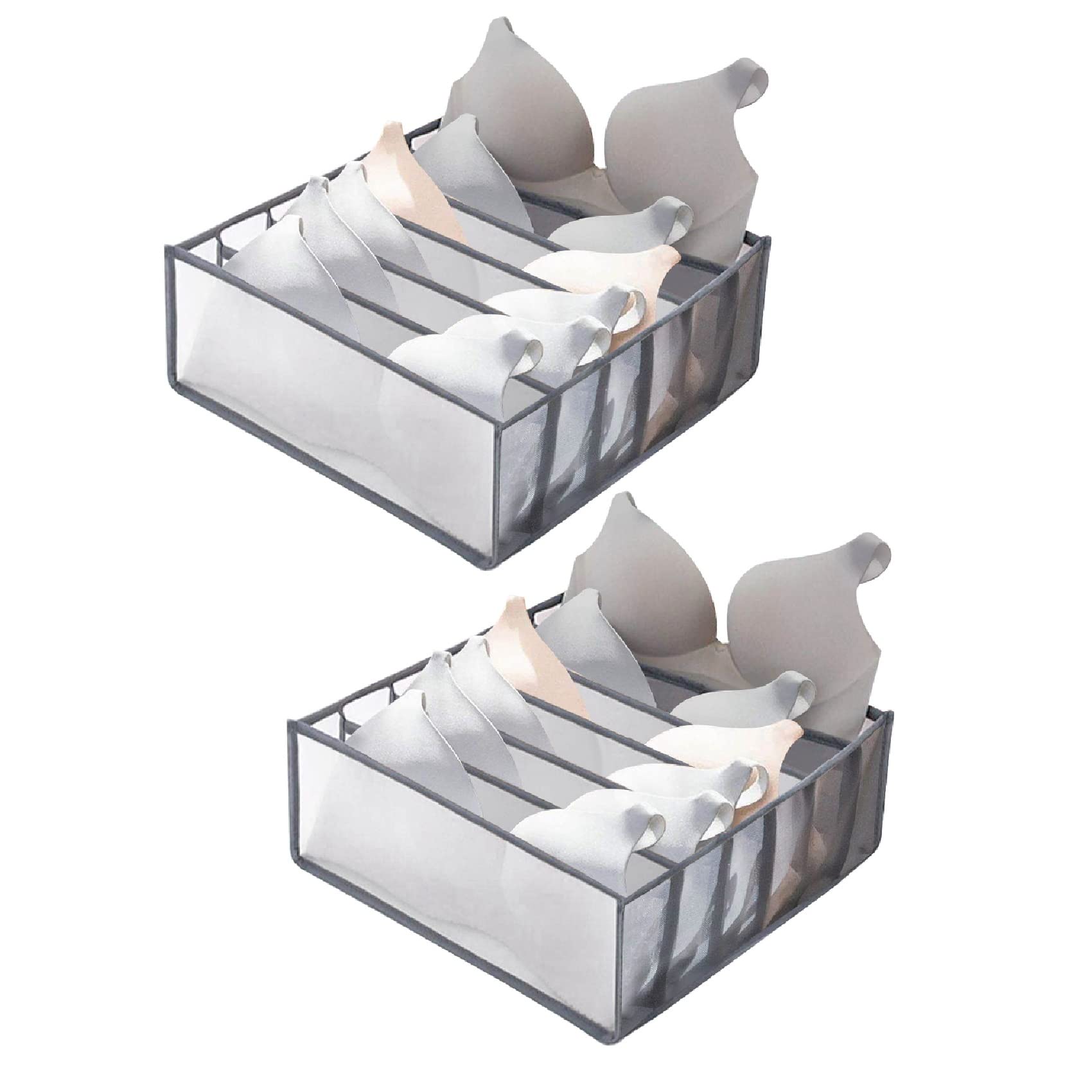 MELTU 2 Pcs Wardrobe Storage Organiser, Underwear Storage Organiser, Compartment Storage Boxes, Foldable Organiser Drawer for Sock, Bra, Belts (Grey-6 Cells-2Pcs)
