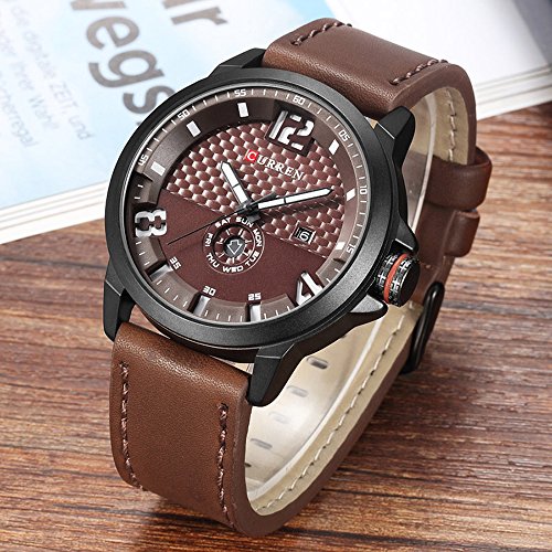 Reloj para hombre, relojes superior marca cuarzo cuero genuino marrón banda curren reloj black8253 - Imagen 4