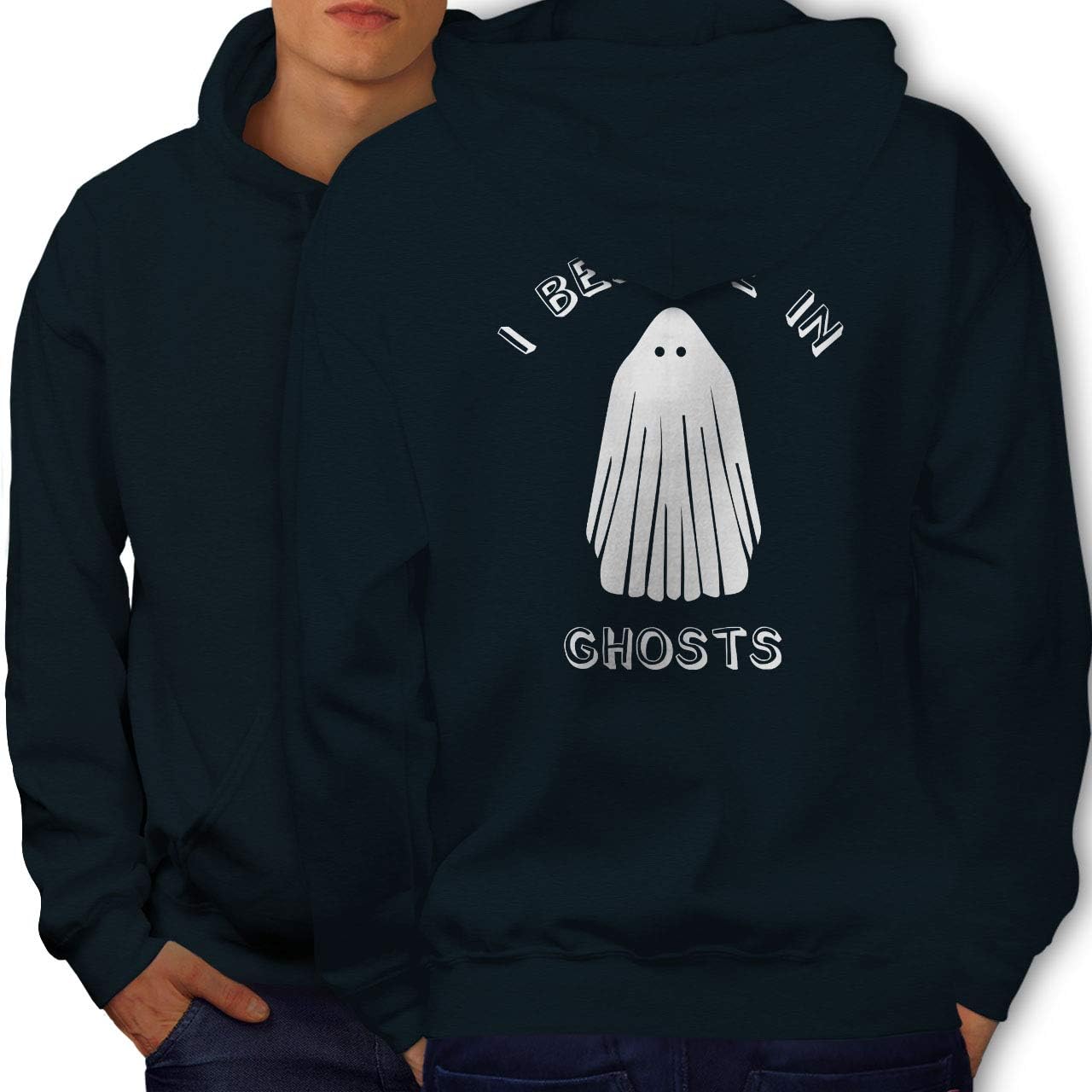 wellcoda Believe in Ghosts Mens Hoodie, Scary Funny Printed on The Jumpers Back Navy