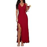 Lingswallow Women‘s Sexy V Neck Sleeveless Mesh Ruffle Hem Long Dress Bodycon Midi Elegant High Slit Cocktail Party Wedding