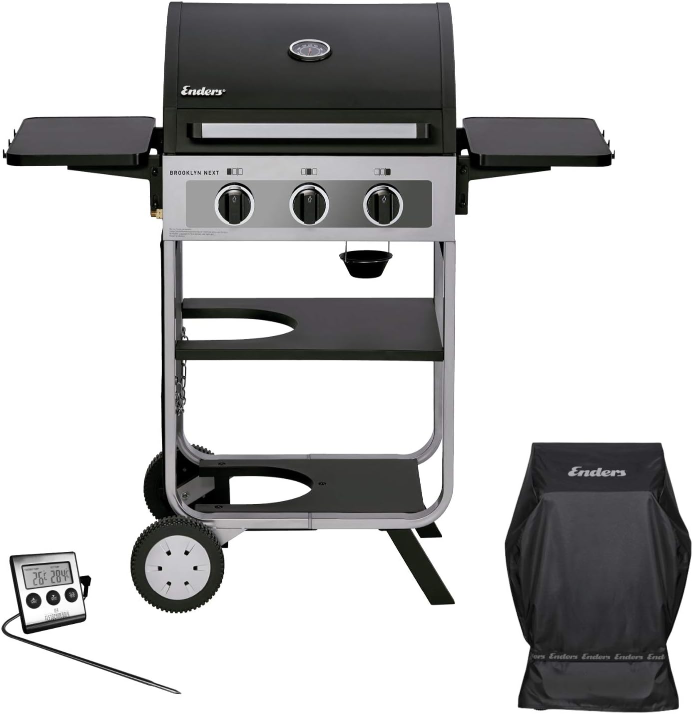 Enders BROOKLYN NEXT 3 - BBQ Gasgrill Bundle mit Wetterschutzhülle &amp; Gratis Fleischthermometer - 3 Edelstahl-Brenner stufenlos, Gas Grill mit Grillwagen, Grillhaube, abklappbare Seitenablagen