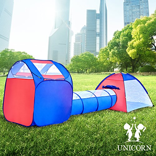 Unicorn Kids Play Tent with Tunnel - 3-in-1 Playhut Hours of Indoor Outdoor Fun Popup X-Large Ball Pit for Children Red and Blue