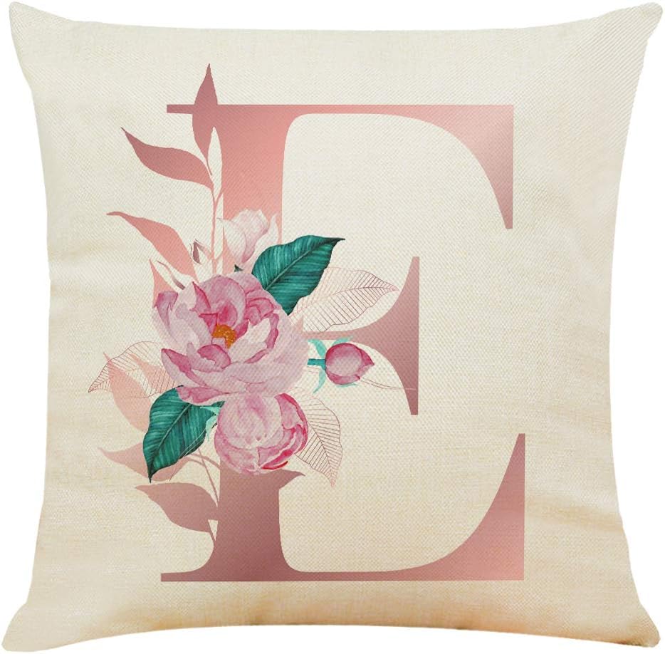 Ogrmar Linen Throw Pillow Cover, Letter Embroidered, Burlap Square Cushion Cover, Light Linen, Decorative, 18x18 Inches (Capital E): Home & Kitchen
