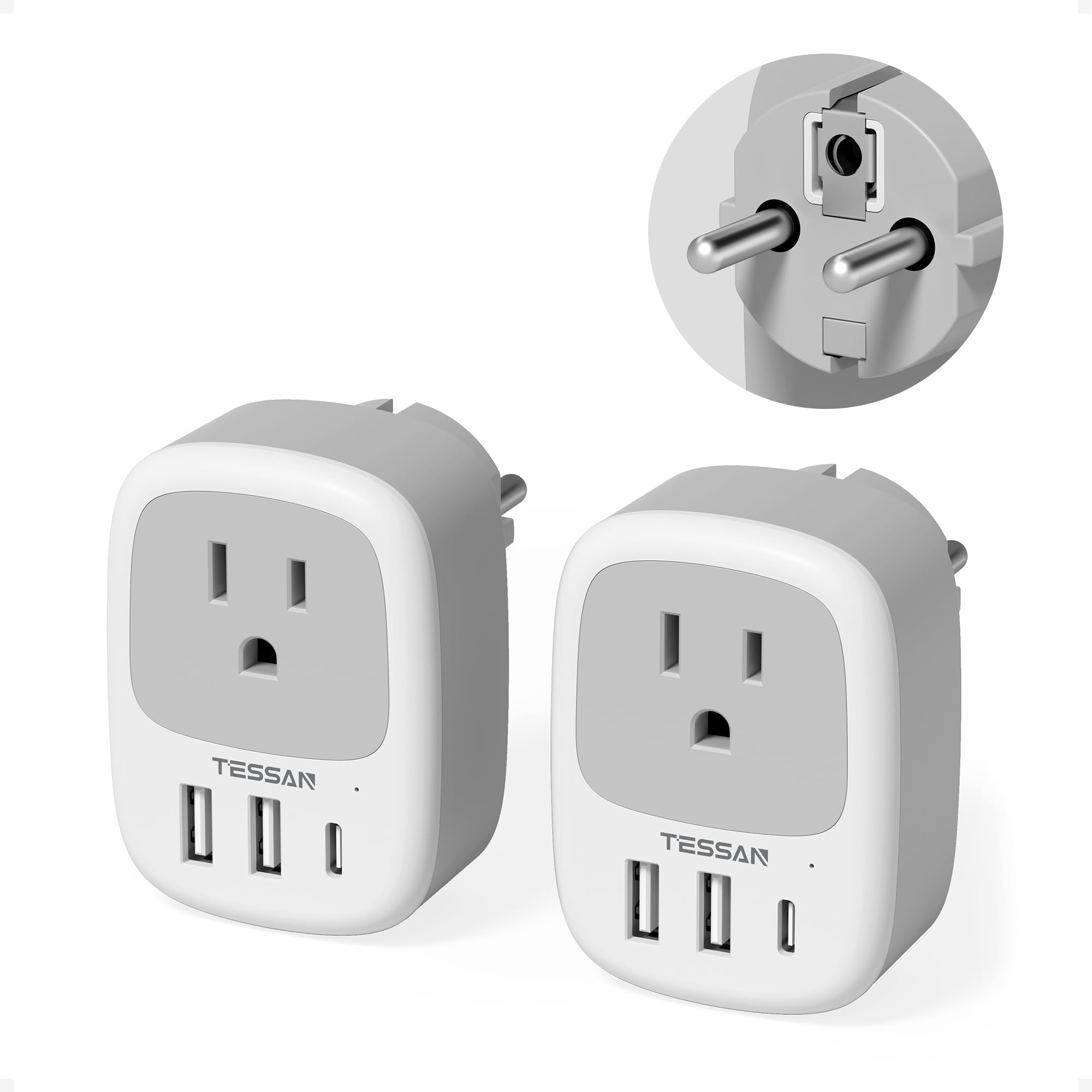 Photo 1 of 2 Pack Type E F Plug Adapter, TESSAN South Korea Outlet Adapter with 3 USB Ports (1 USB C), Schuko Travel Plug for US to Europe EU Spain Germany France Iceland Greece Russia Norway