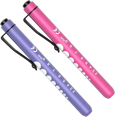 RISEMART Pen Torch 2Pcs LED Pen Light Pupil Gauge 5cm Ruler Nurse EMT Purple