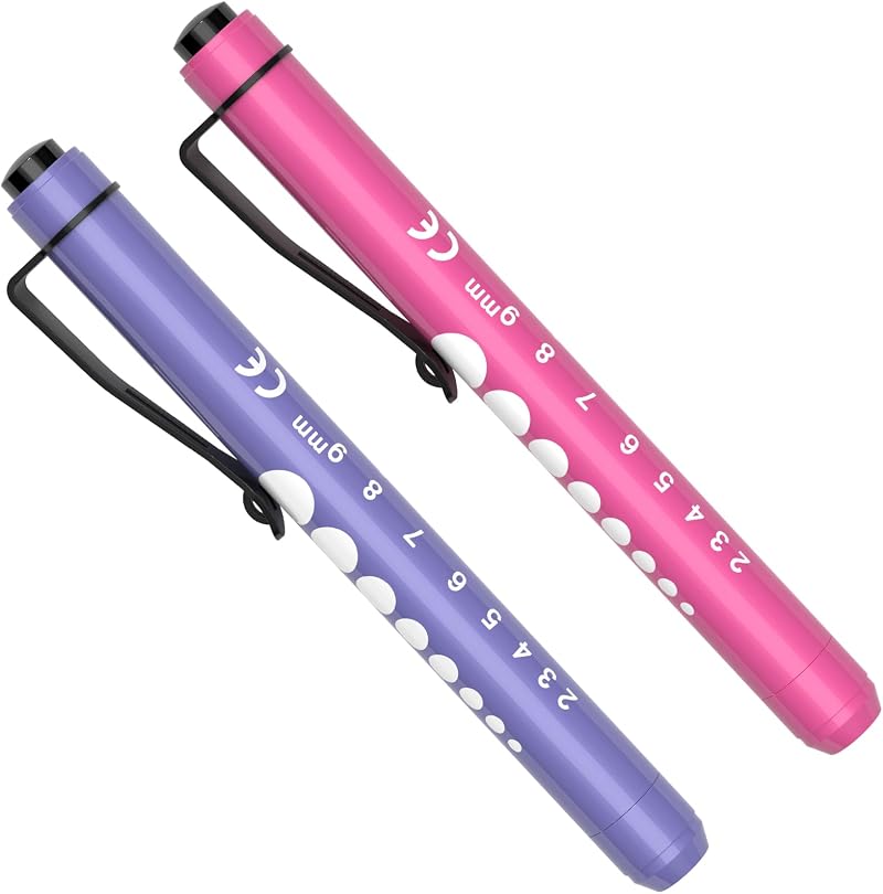 RISEMART Pen Torch 2Pcs LED Pen Light Pupil Gauge 5cm Ruler Nurse EMT Purple