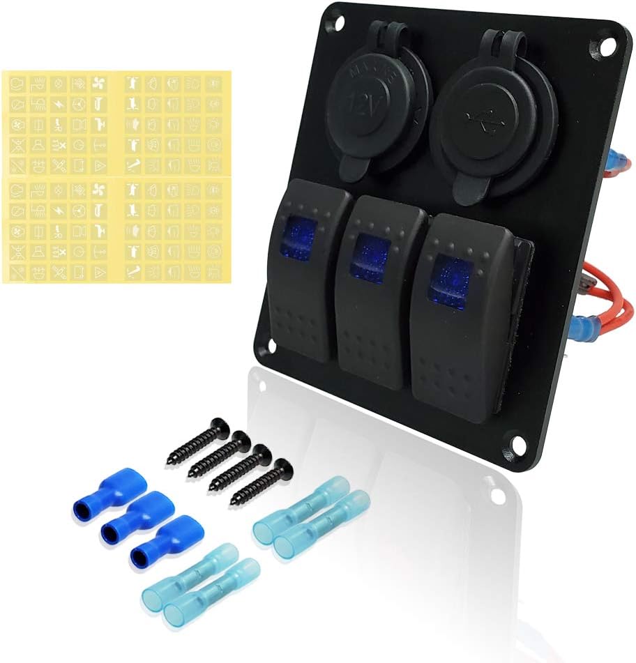 IZTOSS 3 Gang Rocker Switch Panel with Power Socket 3.1A Dual USB Wiring Kits and Decal Sticker Labels DC12V/24V for Marine Boat Car Rv Vehicles Truck Blue Led: Industrial & Scientific
