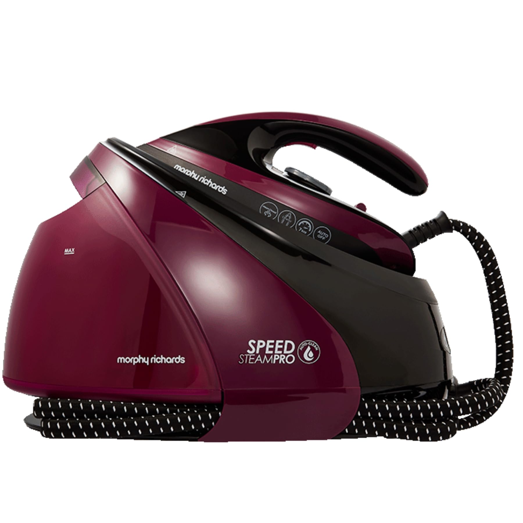 Morphy Richards SpeedSteam Pro Steam Generator Iron, Ceramic Soleplate, Autoclean, 70g to 120g Rates, 590g Boost, 7 Bar Pressure, 1.6L Water Tank, 1.8m Cord, 3000W, Black and Mulberry, 332102