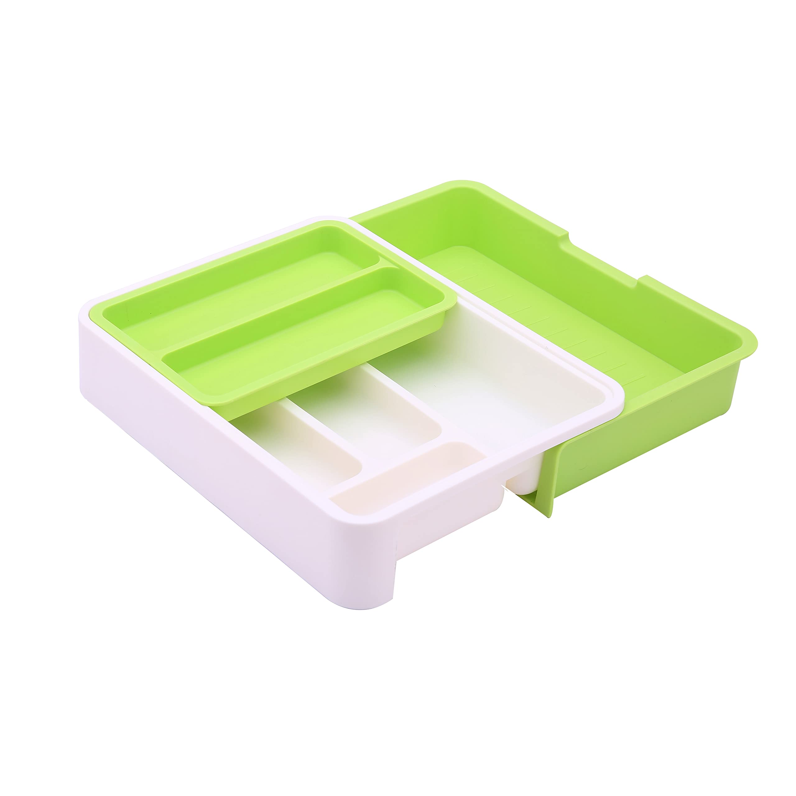 HornTide 3-in-1 Cutlery Tray, Expandable Utensils Holder, Plastic Kitchen Drawer Organizer for Silverware Storage and More - Green