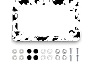 MUAWUOIK Cows Print Motorcycle License Plate Frame Stainless Steel Metal Retro Black White Cow Tag Holder 4 Holes Waterproof Animal Motorcycle Accessory with Screws Nut Caps 7.7" x 4.5" for Bike Motorcycle