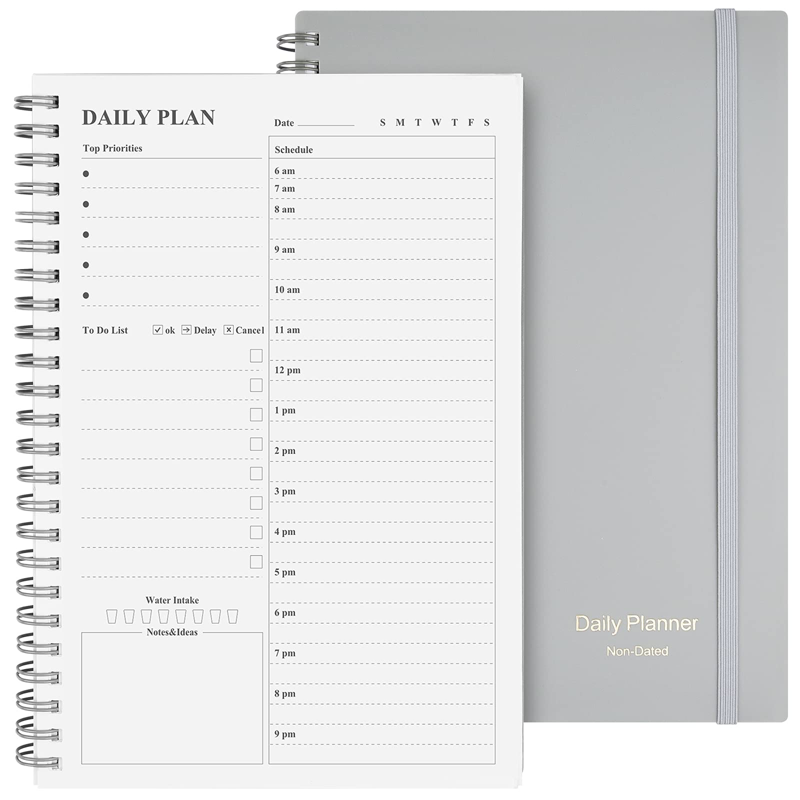 Daily Planner Undated, Asten to Do List Notebook Hourly Schedules Spiral Appointment Planner for Men and Women,PVC Hardcover,Elastic Closure, Inner Pocket 14.7 x 21.2cm (Gray)