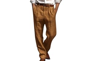 Finelylove Cotton Linen Pants Men Straight Leg Pleated Work Dress Pants Relaxed Fit Casual Leisure Chino Trousers