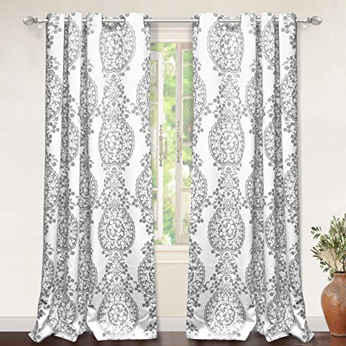 DriftAway Samantha Room Darkening Grommet Unlined Window Curtains,Damask Medallion Pattern Set of Two Panels, each 52”x84” (Gray)